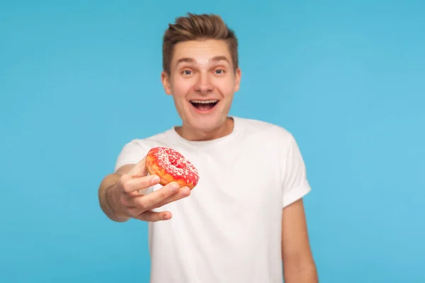 Take Donut Snack Happy Delighted Man Giving Pink Doughnut Camera — Stock Photo, Image