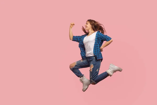 Full Length Joyful Happy Stylish Girl Checkered Shirt Shrip Jeans — Φωτογραφία Αρχείου
