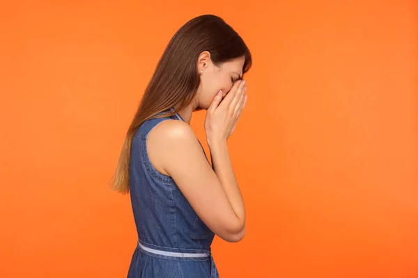 Side View Sad Frustrated Brunette Woman Denim Dress Crying Hiding — Stock Photo, Image