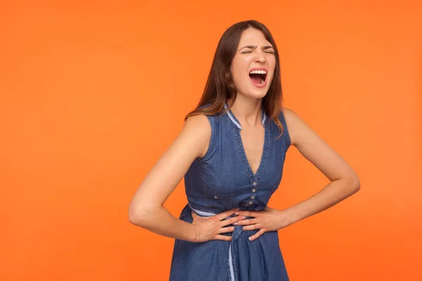 Strong Stomachache Painful Facial Expression Ill Brunette Woman Suffering Acute — Stock Photo, Image