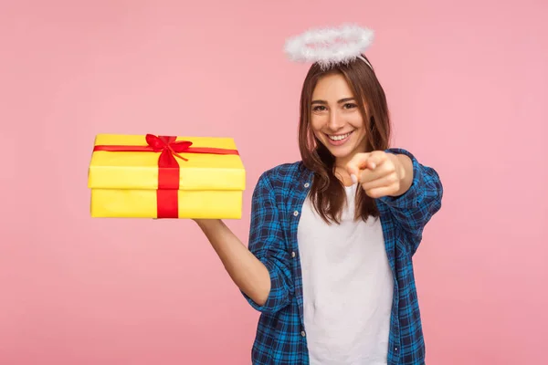 Presente Anjo Para Você Retrato Menina Bonita Generosa Com Halo — Fotografia de Stock