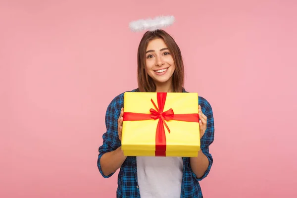 Cadeau Van Angel Portret Van Een Gul Mooi Meisje Met — Stockfoto