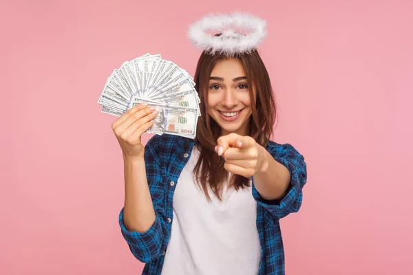 You May Become Rich Portrait Happy Lucky Angelic Girl Halo — Stock Photo, Image