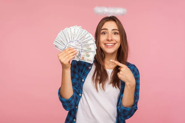 Portrait Rich Angelic Girl Lottery Winner Halo Head Pointing Money — Stock Photo, Image