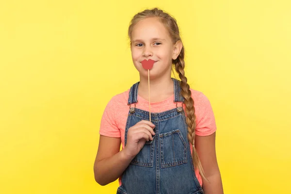 Portrait Charming Happy Little Girl Braid Denim Overalls Covering Mouth — Stock Photo, Image