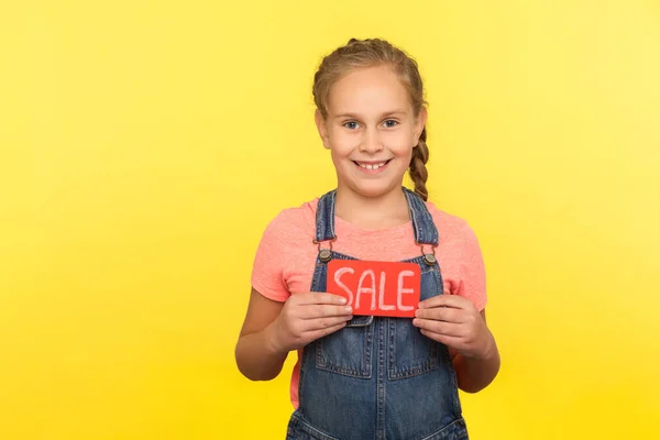 Holiday Discounts Portrait Cute Cheerful Little Girl Braid Denim Overalls — Stock Photo, Image