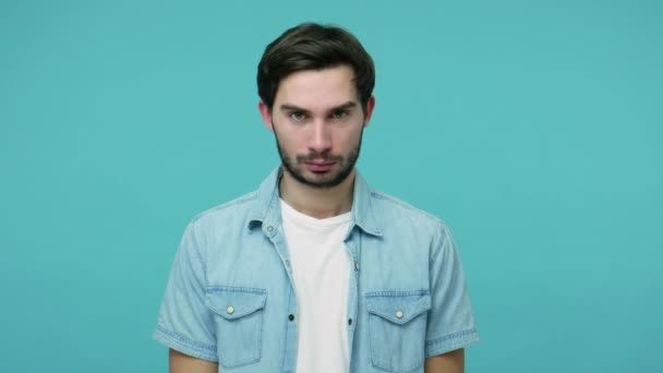 Dismal Upset Young Bearded Guy Jeans Shirt Looking Camera Serious — Stock Video