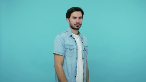 Confident Cheerful Bearded Man Jeans Shirt Turning Camera Crossing Hands — Stock Video