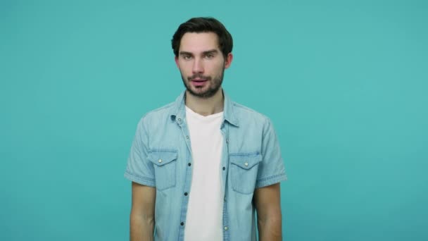 Finish Way Bearded Guy Jeans Shirt Demanding Stop Crossing Hands — Stock Video