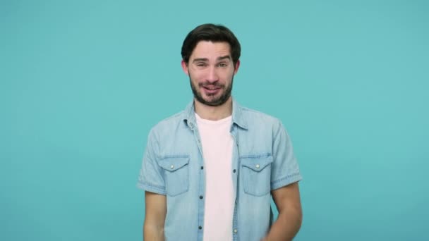 Bearded Guy Jeans Shirt Mocking Your Failure Pointing Camera Showing — Stock Video