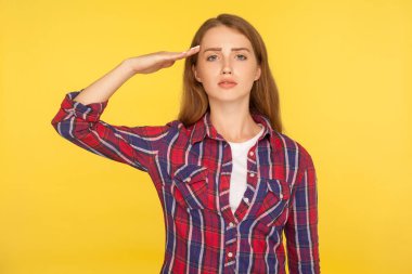 - Evet, efendim. Kareli tişörtlü, ciddi bir kızıl kadının portresi saygı ve sorumluluk ile selamlanıyor, vatansever vatandaş onurlu bir şekilde düzeni dinliyor. Stüdyo çekimi sarı arkaplanda izole edildi