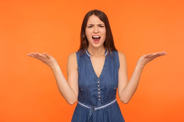 How Could You Annoyed Disgruntled Brunette Girl Denim Dress Angrily — Stock Photo, Image