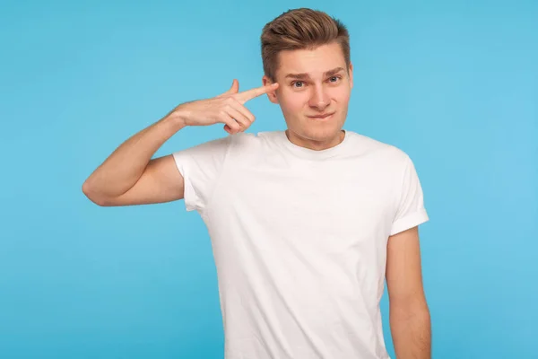 You Idiot Displeased Man Casual White Shirt Holding Finger His — Stok fotoğraf