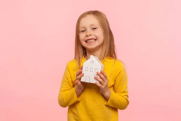Child Dreaming Home Portrait Happy Cute Little Girl Holding Paper — Stock Photo, Image