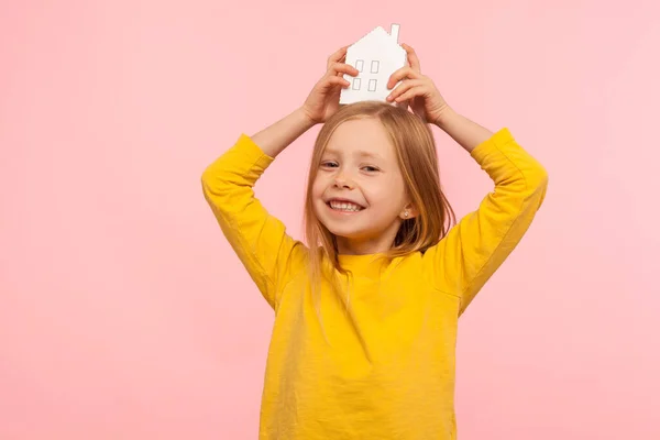 Kid Dreaming Home Happy Charming Cute Little Girl Holding Paper — Stock Photo, Image
