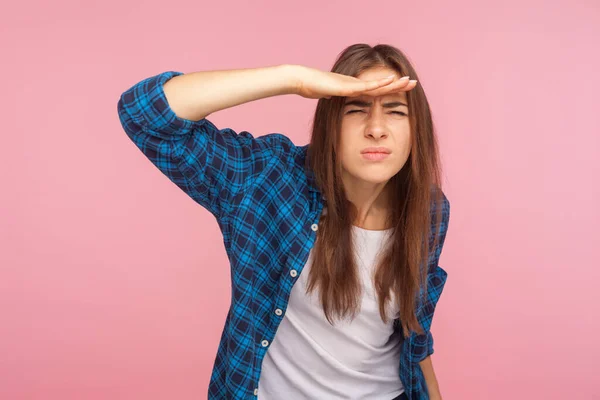 Portret Van Een Jong Studentmeisje Een Geruit Hemd Met Handpalm — Stockfoto