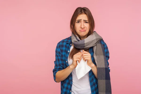 Seasonal Influenza Portrait Ill Girl Checkered Shirt Wrapped Scarf Holding — Stock Photo, Image