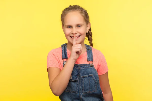 Quiet Secret Portrait Positive Little Girl Braid Denim Overalls Making — Stock Photo, Image