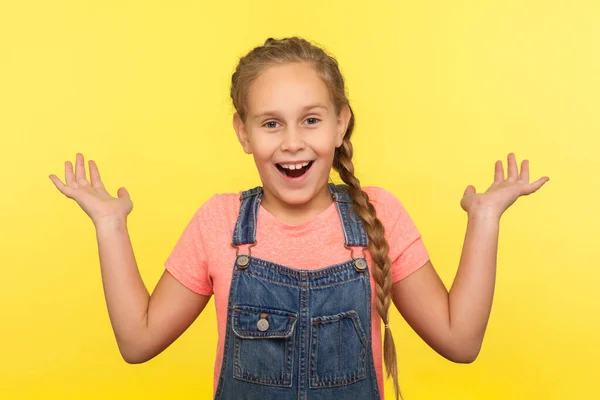 Unexpected Surprise Portrait Astonished Child Denim Overalls Standing Raised Hands — Stock Photo, Image