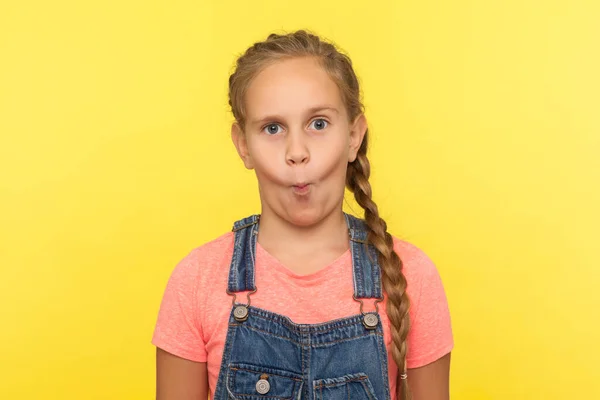 Portrait Funny Comical Little Girl Denim Overalls Making Fish Face — Stock Photo, Image