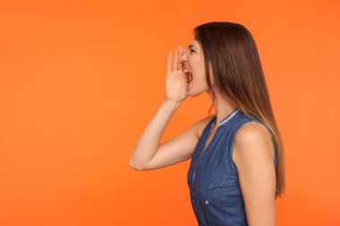 Kot elbiseli esmer bir kadının kollarını açık tutması, yüksek sesle bağırması, önemli haberlere dikkat çekmesi, olayı duyurması. Turuncu arka planda kapalı stüdyo çekimleri