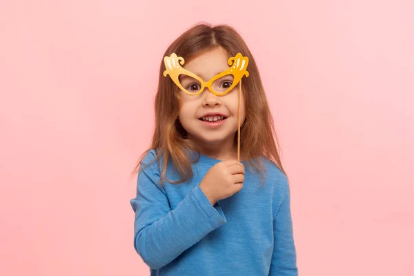 Portrait Fascinating Cute Little Girl Looking Camera Paper Glasses Smiling — Stock Photo, Image
