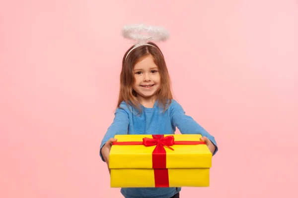 Portrait Generous Kind Angelic Little Girl Nimbus Giving Big Birthday — Stock Photo, Image