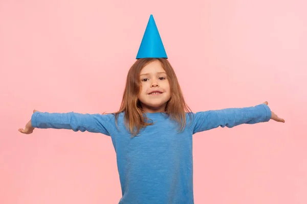 Portrait Happy Brunette Little Girl Funny Party Cone Head Raising — Stock Photo, Image