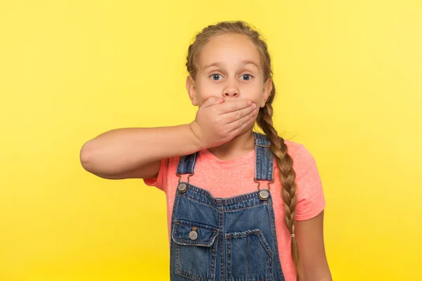 Won Tell Portrait Scared Little Girl Braid Denim Overalls Covering — Stock Photo, Image