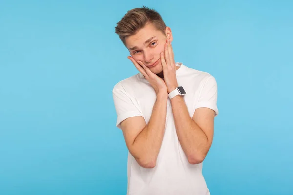 Portrait Lazy Depressed Young Man Casual White Shirt Leaning Hands — Stock Photo, Image