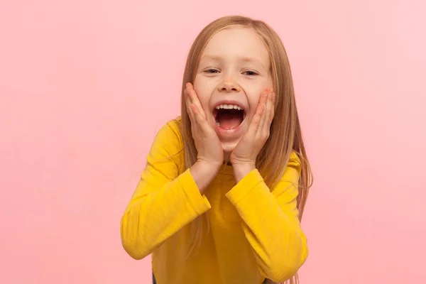 Happy Surprised Child Emotions Portrait Adorable Little Girl Holding Hands — Stock Photo, Image