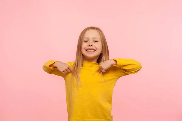 Pretty Cute Cheerful Little Girl Pointing Herself Sincerely Smiling Camera — Stock Photo, Image