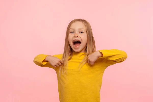 Wow Amazed Cute Little Girl Pointing Herself Shouting Surprise Child — Stock Photo, Image