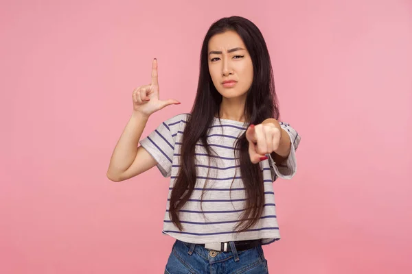 You Lost Portrait Dissatisfied Girl Brunette Hair Striped Shirt Showing — Stock Photo, Image