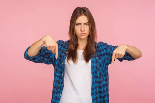 Here Right Now Portrait Demanding Girl Checkered Shirt Pointing Looking — Stock Photo, Image