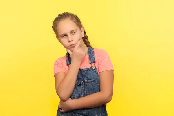 Need Think Portrait Clever Pensive Little Girl Denim Overalls Holding — Stock Photo, Image