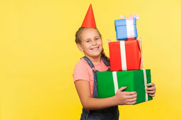 Portrait Glad Little Girl Funny Cone Holding Lot Gift Boxes — Stock Photo, Image