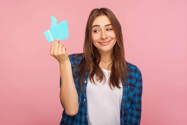 Portrait Attractive Smiling Girl Checkered Shirt Looking Blue Thumb Icon — Stock Photo, Image
