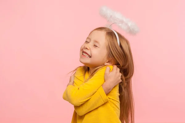 Love Myself Beautiful Charming Little Girl Halo Head Embracing Herself — Stock Photo, Image
