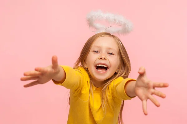 Delighted Happy Little Girl Angelic Halo Screaming Happiness Reaching Camera — Stock Photo, Image
