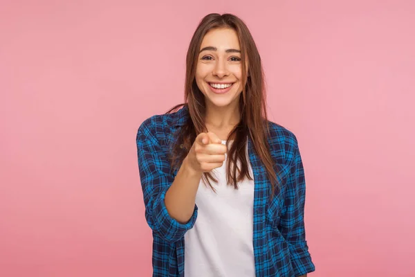 Oye Necesitamos Retrato Chica Bonita Alegre Camisa Cuadros Con Sonrisa — Foto de Stock