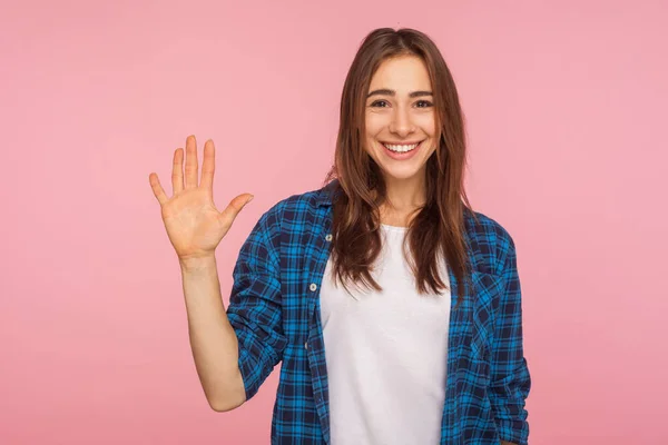 Hola Retrato Niña Hospitalaria Alegre Amigable Camisa Cuadros Pie Con — Foto de Stock