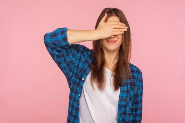 Watching Portrait Confused Girl Checkered Shirt Covering Eyes Hand Frightened — Stock Photo, Image