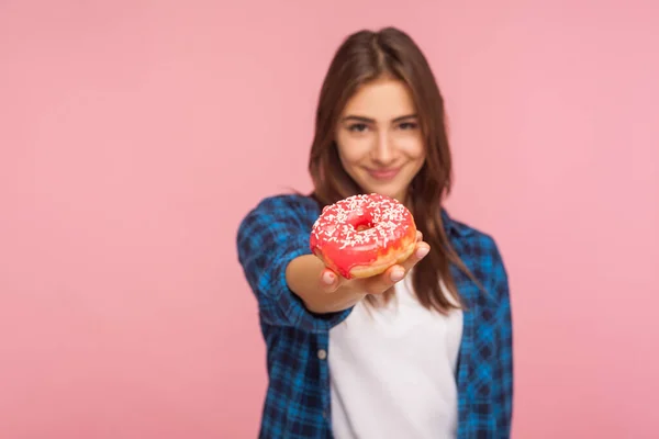 Portrait Positive Girl Checkered Shirt Holding Out Tasty Donut Smiling — Stock Photo, Image