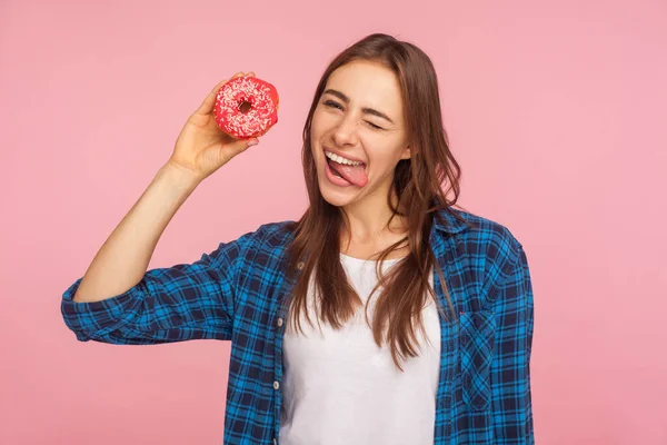 Confectionery Junk Food Portrait Joyous Playful Girl Checkered Shirt Sticking — Stock Photo, Image