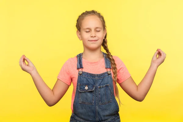 Mindful Yoga Inner Harmony Portrait Cute Little Girl Denim Overalls — Stock Photo, Image