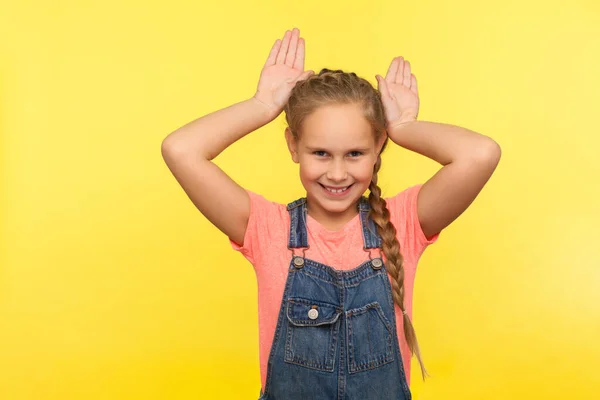 Rabbit Portrait Adorable Little Girl Denim Overalls Showing Bunny Ears — Stock Photo, Image