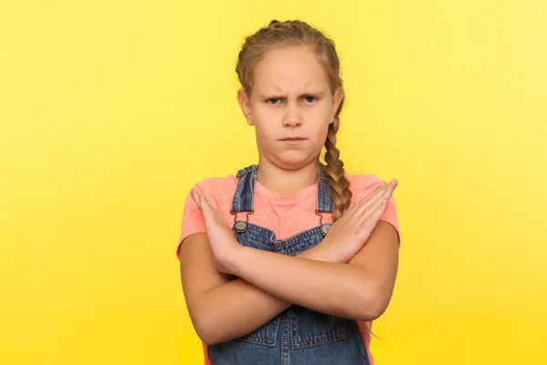 Stop Way Prohibited Portrait Little Girl Denim Overalls Gesturing Definitive — Stock Photo, Image