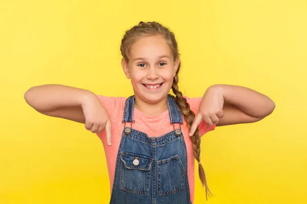 Look Advertise Here Portrait Delighted Cute Little Girl Denim Overalls — Stock Photo, Image