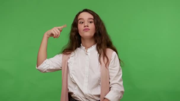 Idiot Funny Teenage Brunette Girl White Shirt Gesturing Finger Her — Stok video